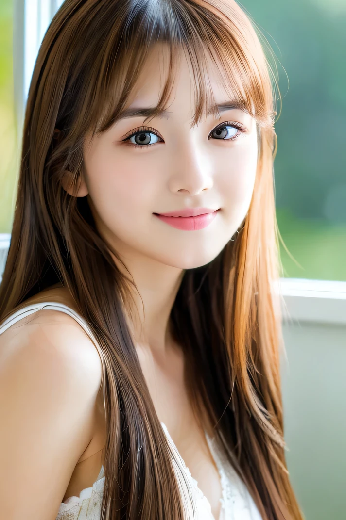 (((8ｋ,Attention to detail,Attention to detail、highest quality，masterpiece,Attention to detail,))),RAW Photos & Realistic atmosphere,Beautiful dark eyes,Mouth Details,Glossy Lips,Thin eyebrows,beautiful Eyes、Soft white skin that shines in every detail、Her deep black eyes are very beautiful, Very beautiful face,Very beautiful face、Lively Faces,beautiful, Glowing Lips,beautiful Eyebrows,Infinite Reality, Realistic Young Gravure Idol,Very cute woman , Young Gravure Idol, Young Gravure Idol, とても美しくてかわいいbeautiful 21 year old beauty,Incredibly beautiful and elegant，beautiful 21 year old beauty,Natural soft light,A little brown hair，（Shiny Hair,,beautiful and kind eyes：1.5）,A kind smile,Shapely breasts,Medium Long Hair,beautiful posture,No makeup,Watching the Future,