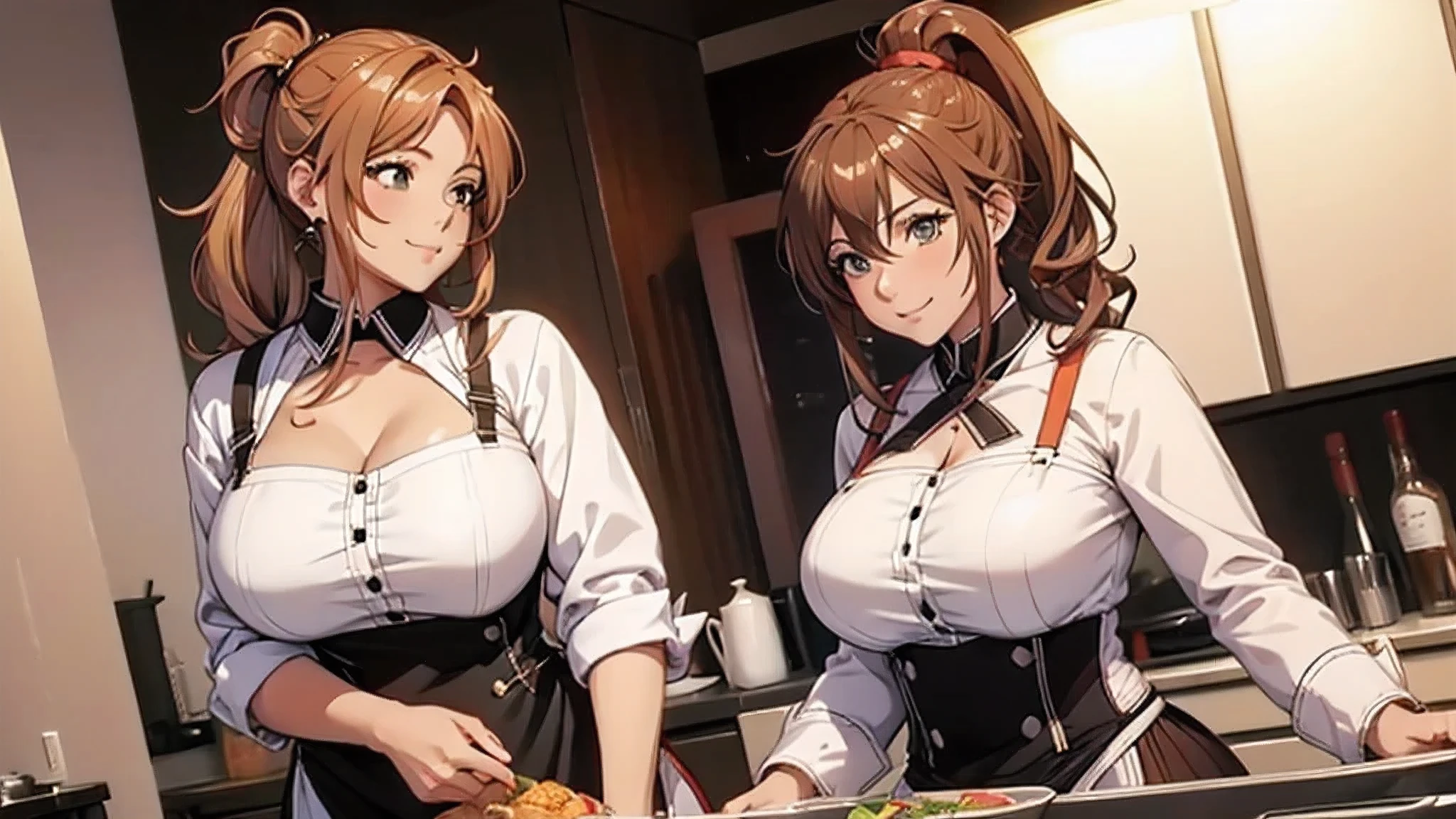 personaje anime style, A confident, curvy woman with a captivating smile, ((manos finas y detalladas)), mostrando su figura y una cintura bien definida, culata, vista trasera, en una encantadora escena de cocina, where she exudes the role of a skilled and stylish housewife, wearing a beautifully designed apron, Preparando perfectamente una deliciosa cena para impresionar a todos.