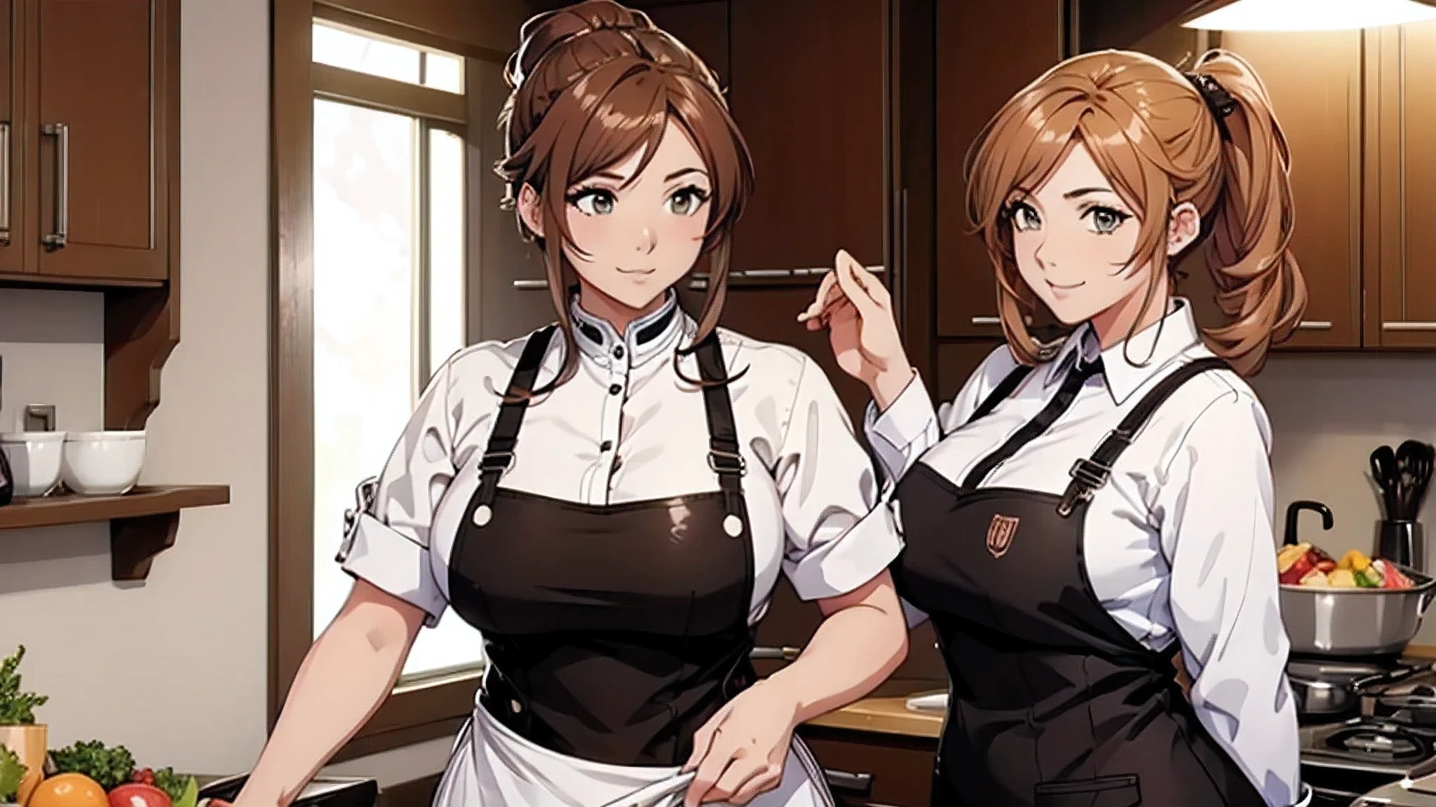 personaje anime style, A confident, curvy woman with a captivating smile, ((manos finas y detalladas)), mostrando su figura y una cintura bien definida, culata, vista trasera, en una encantadora escena de cocina, where she exudes the role of a skilled and stylish housewife, wearing a beautifully designed apron, Preparando perfectamente una deliciosa cena para impresionar a todos.