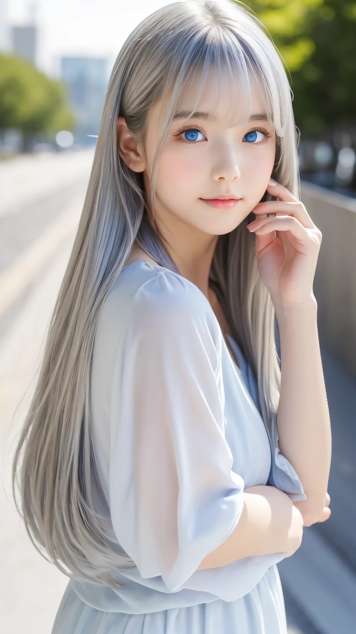 Shining, clear, white skin、Her windblown silver hair hides her beautiful face.、huge、28 years old cute sexy little beautiful face、Beautiful straight hair that stands out、growing up, Sparkling light blue eyes、long silky bangs that cover cute eyes, Sexy and cute young woman with super long hair hiding her sexy face、Shining silver hair