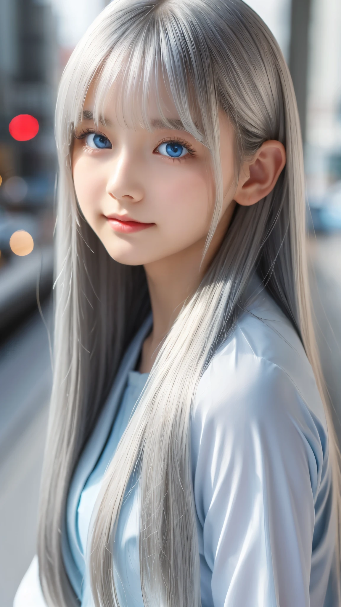 Shining, clear, white skin、Her windblown silver hair hides her beautiful face.、huge、28 years old cute sexy little beautiful face、Beautiful straight hair that stands out、growing up, Sparkling light blue eyes、long silky bangs that cover cute eyes, Sexy and cute young woman with super long hair hiding her sexy face、Shining silver hair
