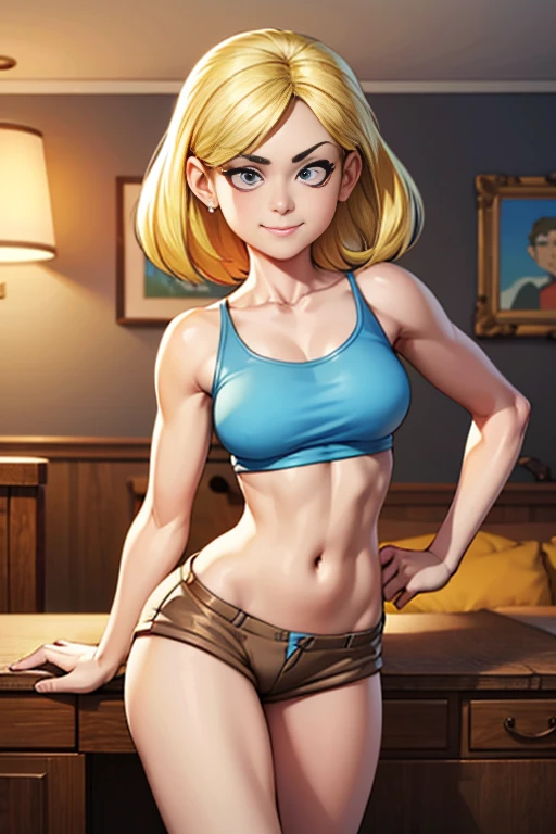 ""loriloud - blue tank top, brown shorts, posing for playboy magazine" Masterpiece, sexy cartonn, beautiful cartoon, insanely detailed and intricate, High quality, ray tracing, high coherence, deep focused image, realistic full-length photo, anatomically correct, short blond hair, sensual smile, perfect eyebrows, action pose, looking at viewer, in the loud house, hypermaximalist, sensual, provocative, beautiful, exotic, revealing, appealing, attractive, erotic, hyper-realistic, super detailed, perfect, masterpiece, popular on Flickr, published on March 19, 2018” FANTASY,VAMPIRO,ELFO,TERROR,COMICS,MANHUA,MANWHA,Mango,SCIENCE FICTION,NOVEL, 