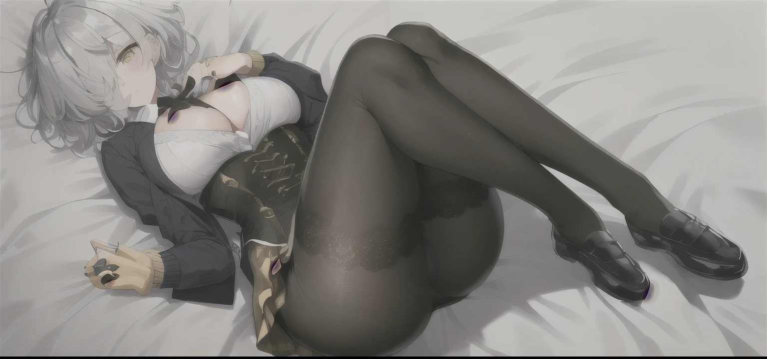 (masterpiece), 1girl, ((silver hair)), large chest, messy hair, short hair, golden yellow eyes, star-based design, cardigan, black long gloves, brown shoes, skirt, black leg tights, leg warmers, spiral swirls in eyes, ((ring eyes)), ((left eye hidden)), bangs over left eye, ribbons, frills, lace, corset, ((one eye hidden)), full body