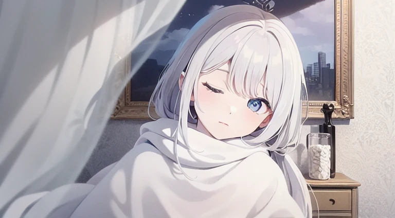 ((masterpiece, best quality))++, Detail Light+, Detailed hair+, Detail hand+ ,1 girl, Long gray hair, Deep blue eyes, beautiful eyes, young white hair,,(Beautiful white hair:1.5),(beautiful eyes), high resolution+, , glass tint, Reflective eyeanyery detail wallpaper, Original, ,scarf ,,Single ponytail,,A girl sleeping at home,wearing pajamas,Close your eyes,warm color,city View