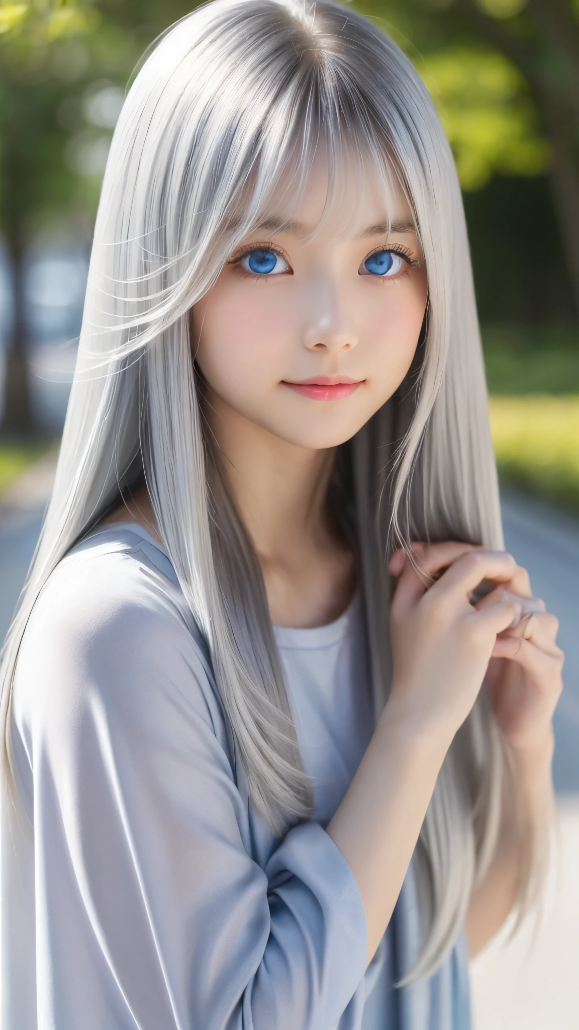 Shining, clear, white skin、Her windblown silver hair hides her beautiful face.、huge、28 years old cute sexy little beautiful face、Beautiful straight hair that stands out、growing up, Sparkling light blue eyes、long silky bangs that cover cute eyes, Sexy and cute young woman with super long hair hiding her sexy face、Shining silver hair