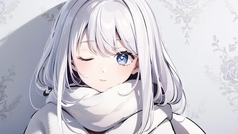 ((masterpiece, best quality))++, Detail Light+, Detailed hair+, Detail hand+ ,1 girl, Long gray hair, Deep blue eyes, beautiful eyes, young white hair,,(Beautiful white hair:1.5),(beautiful eyes), high resolution+, , glass tint, Reflective eyeanyery detail wallpaper, Original, ,scarf ,,Single ponytail,,A girl sleeping at home,wearing pajamas,Close your eyes,warm color,city View
