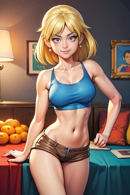 ""loriloud - blue tank top, brown shorts, posing for playboy magazine" Masterpiece, sexy cartonn, beautiful cartoon, insanely detailed and intricate, High quality, ray tracing, high coherence, deep focused image, realistic full-length photo, anatomically correct, short blond hair, sensual smile, action pose, looking at viewer, in the loud house, hypermaximalist, sensual, provocative, beautiful, exotic, revealing, appealing, attractive, erotic, hyper-realistic, super detailed, perfect, masterpiece, popular on Flickr, published on March 19, 2018” FANTASY,VAMPIRO,ELFO,TERROR,COMICS,MANHUA,MANWHA,Mango,SCIENCE FICTION,NOVEL, 