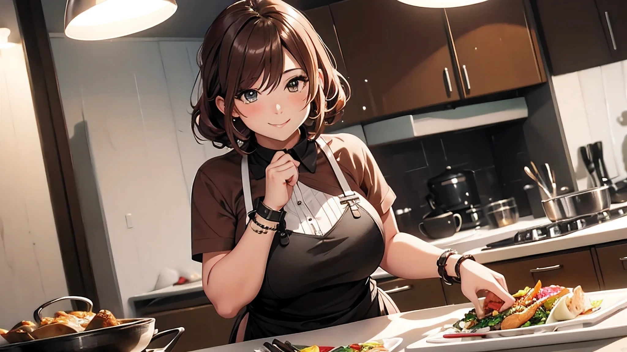 personaje anime style, A confident, curvy woman with a captivating smile, ((manos finas y detalladas)), mostrando su figura y una cintura bien definida, culata, vista trasera, en una encantadora escena de cocina, where she exudes the role of a skilled and stylish housewife, wearing a beautifully designed apron, Preparando perfectamente una deliciosa cena para impresionar a todos.