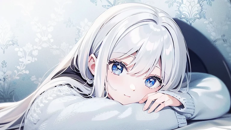 ((masterpiece, best quality))++, Detail Light+, Detailed hair+, Detail hand+ ,1 girl, Long gray hair, Deep blue eyes, beautiful eyes, young white hair,,(Beautiful white hair:1.5),(beautiful eyes), high resolution+, , glass tint, Reflective eyeanyery detail wallpaper, Original, ,scarf ,,Single ponytail,,A girl sleeping at home,wearing pajamas,Close your eyes,warm color,city View