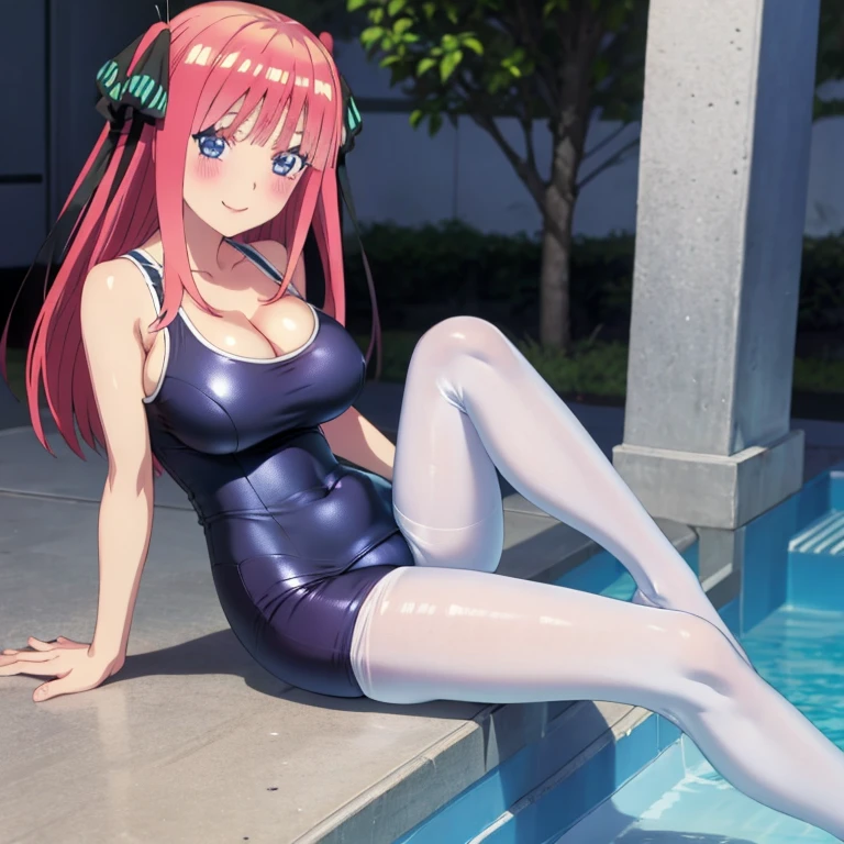 best quality, ultra-detailed masterpiece, anime art style, cute characters, nino nakano, one-piece swimsuit, , pantyhose, blush, smile