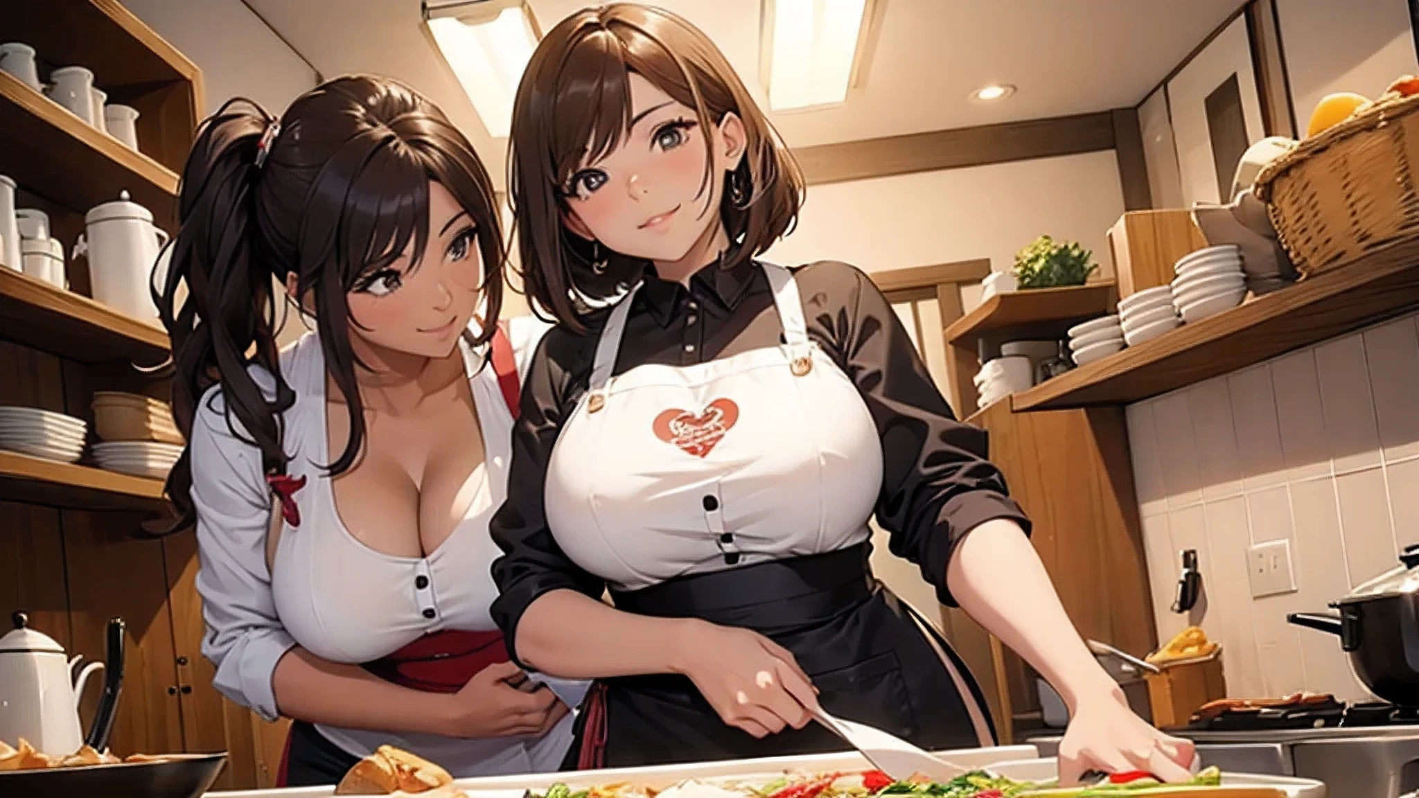 personaje anime style, A confident, curvy woman with a captivating smile, ((manos finas y detalladas)), mostrando su figura y una cintura bien definida, culata, vista trasera, en una encantadora escena de cocina, where she exudes the role of a skilled and stylish housewife, wearing a beautifully designed apron, Preparando perfectamente una deliciosa cena para impresionar a todos.