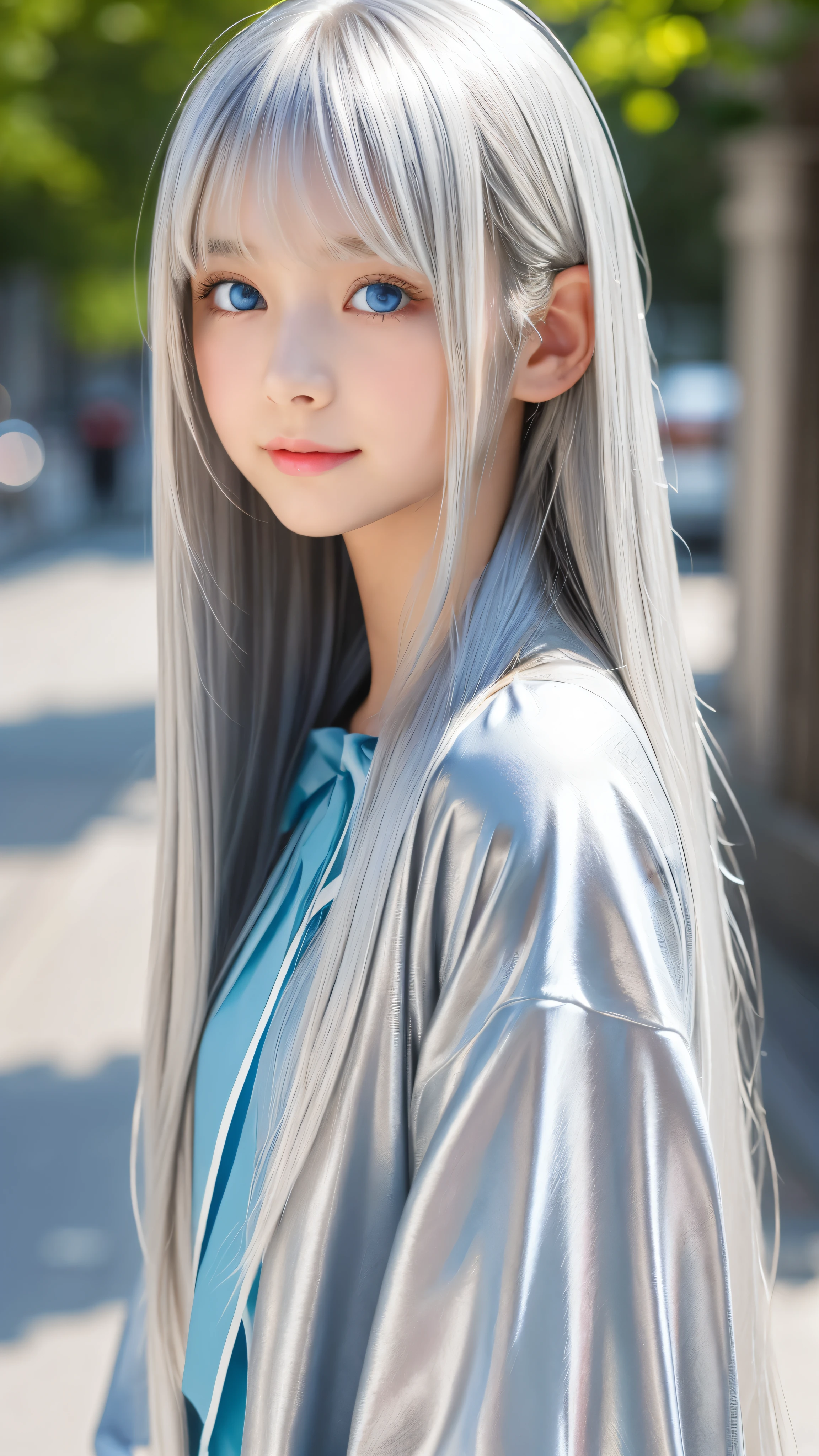 Shining, clear, white skin、Her windblown silver hair hides her beautiful face.、huge、28 years old cute sexy little beautiful face、Beautiful straight hair that stands out、growing up, Sparkling light blue eyes、long silky bangs that cover cute eyes, Sexy and cute young woman with super long hair hiding her sexy face、Shining silver hair