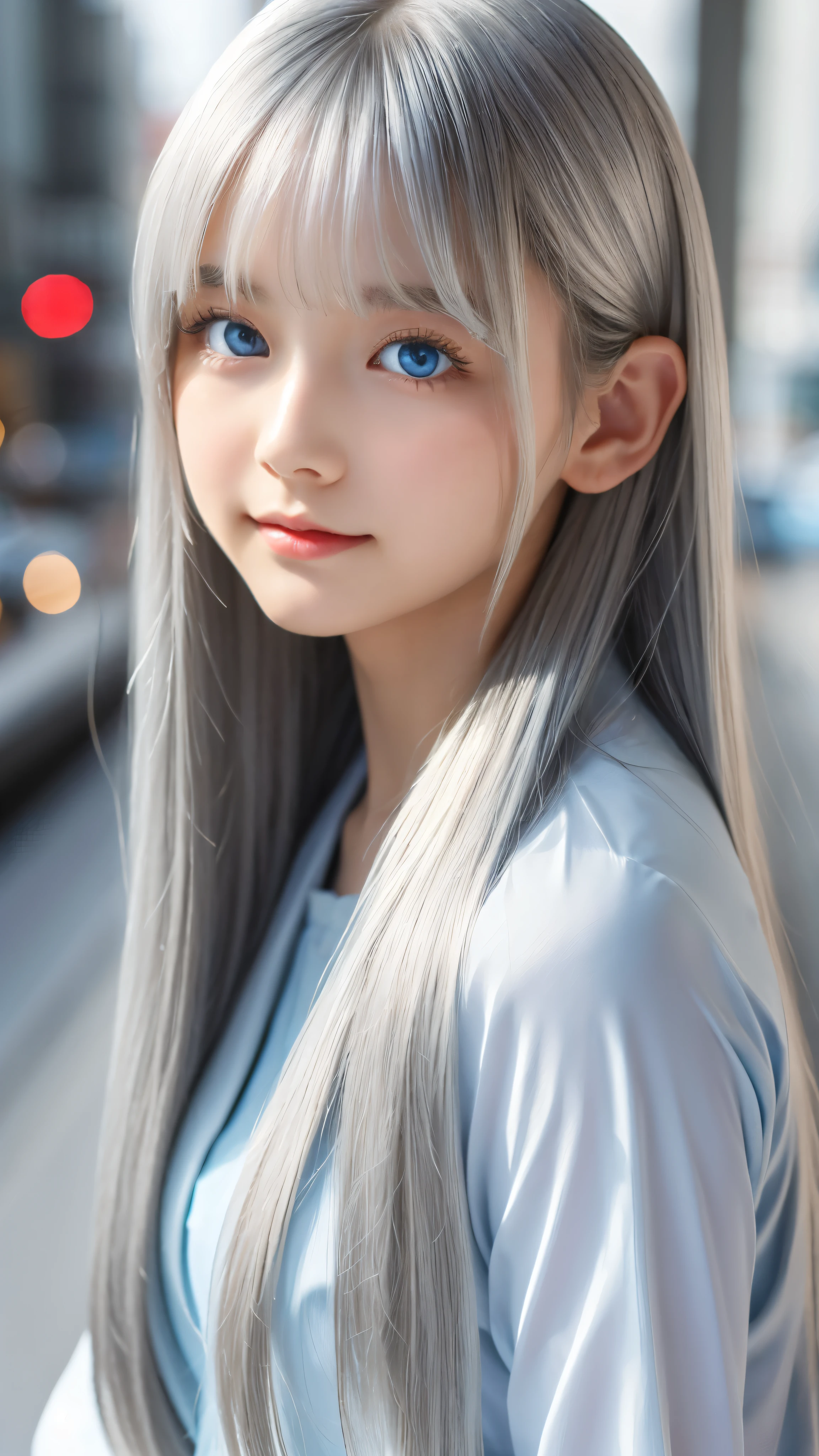 Shining, clear, white skin、Her windblown silver hair hides her beautiful face.、huge、28 years old cute sexy little beautiful face、Beautiful straight hair that stands out、growing up, Sparkling light blue eyes、long silky bangs that cover cute eyes, Sexy and cute young woman with super long hair hiding her sexy face、Shining silver hair
