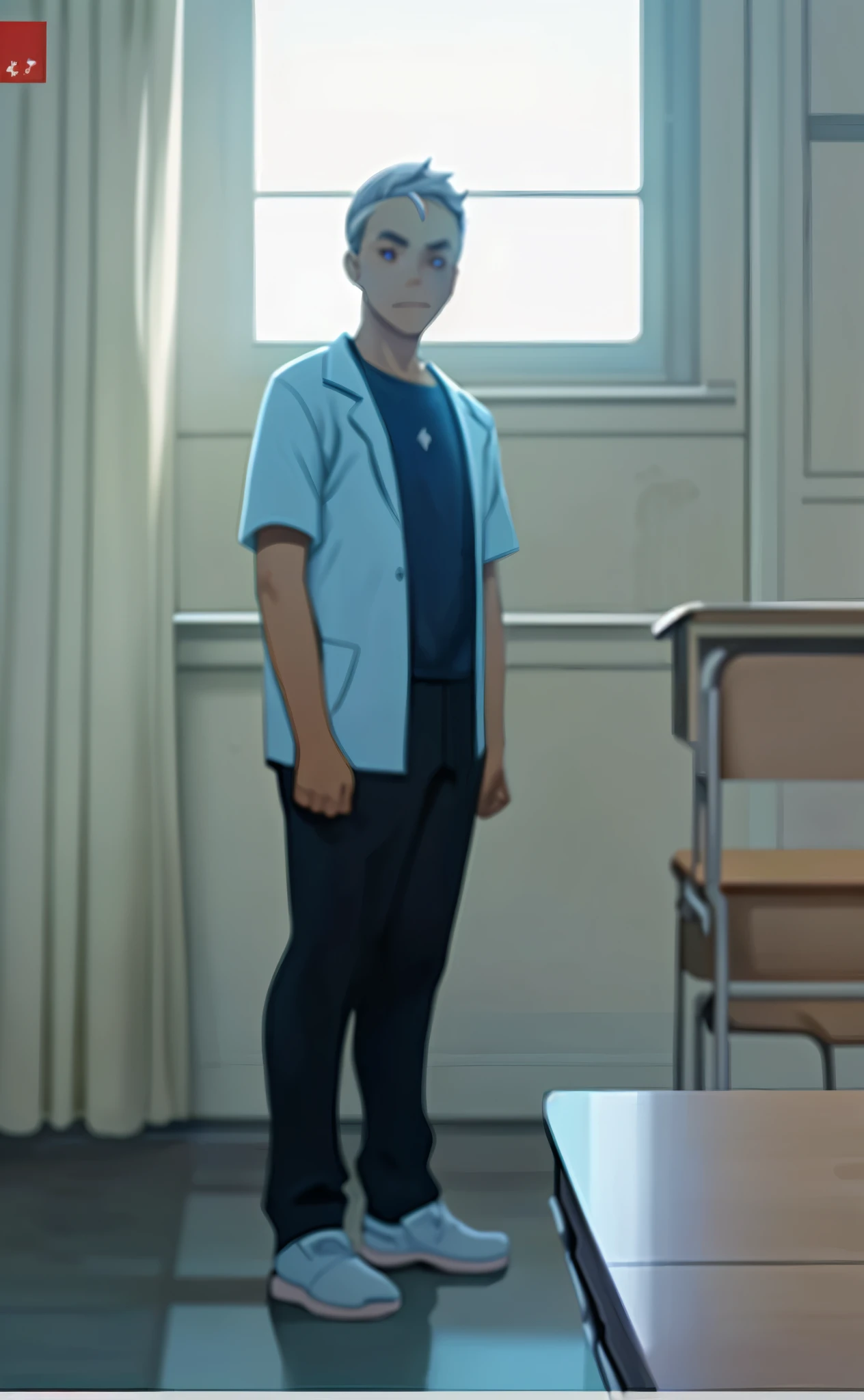 There is a high school classroom and an empty desk. A student is looking at the desk. The desk is empty. They are . Gray hair. They are thin.