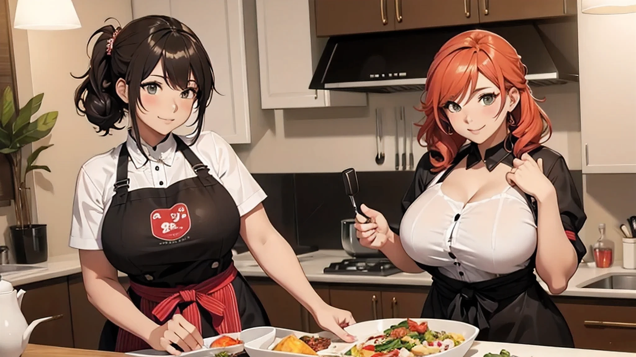 personaje anime style, A confident, curvy woman with a captivating smile, ((manos finas y detalladas)), mostrando su figura y una cintura bien definida, culata, vista trasera, en una encantadora escena de cocina, where she exudes the role of a skilled and stylish housewife, wearing a beautifully designed apron, Preparando perfectamente una deliciosa cena para impresionar a todos.