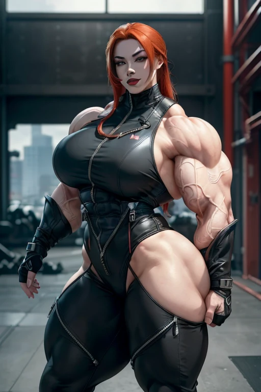 (((((Massive, tall, beautiful, buff, pale white skinned muscular asian woman with red hair, black lipstick, ginormous bulky muscles and wearing a half-zipped black Stealth suit with pants))))), (close view), (massive muscles), massive biceps, hyper muscle shoulders, ginormous muscle arms, hyper muscle triceps, (long hair), yellow eyes, choker, (stealth belt), black boots, (fingerless gloves), (in an industrial building), sensual smile, night, hyper vascular arm, hyper muscles arms, hyper muscle legs, (massive arms).