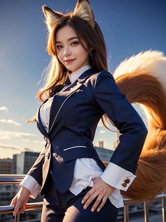 ((highest quality)), ((masterpiece)), (Get used to it), Perfect Face, Fox Girl, Beautiful woman, public, There is a tail, she has a fox tail, She wags her fluffy tail, smile, collar, She wears a business suit, Beautiful Hips, Big tail, His tail is sticking out from his business suit