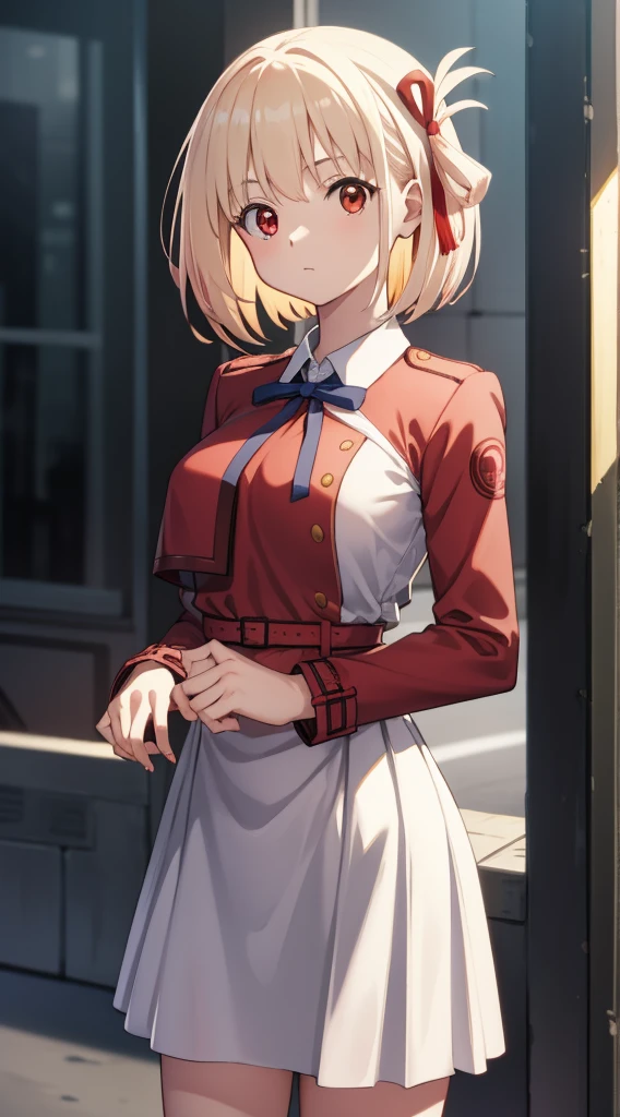 chisatonishikigi, nishikigi chisato, short hair, bangs, blonde hair, (red eyes:1.5), hair ribbon, one side up, bob cut,
BREAK shirt, long sleeves, dress, ribbon, white shirt, collared shirt, belt, neck ribbon, red dress, blue ribbon, pleated dress, grey dress, two-tone dress, red belt, lycoris uniform,,
BREAK outdoors, city,
BREAK looking at viewer, BREAK (masterpiece:1.2), best quality, high resolution, unity 8k wallpaper, (illustration:0.8), (beautiful detailed eyes:1.6), extremely detailed face, perfect lighting, extremely detailed CG, (perfect hands, perfect anatomy), large breasts, solid color background