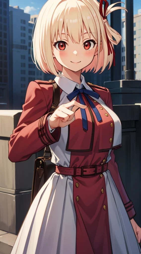 Eyes close up、((Large breasts, wide hips)), ((blushing, smiling)), Thousands of miles of brocade, Chisato Nishiki, Short hair, bangs, Blonde hair, (Red eyes:1.5), Hair ribbon, one side up, Bob cut,
BREAK  shirt, Long sleeves, dress, ribbon, White shirt, Collared shirt, belt, Neck ribbon, Red dress, Blue ribbon, Pleated dress, grey dress, Two-tone dresses, Red belt, Lycoris Uniform,,
BREAK outdoors, City,
BREAK looking at viewer, Break (Masterpiece:1.2), Best quality, high resolution, Unity 8k wallpaper, (illustration:0.8), (Beautiful detailed eyes:1.6), Extremely detailed face, Perfect lighting, Extremely detailed CG, (Perfect hands, Perfect anatomy),