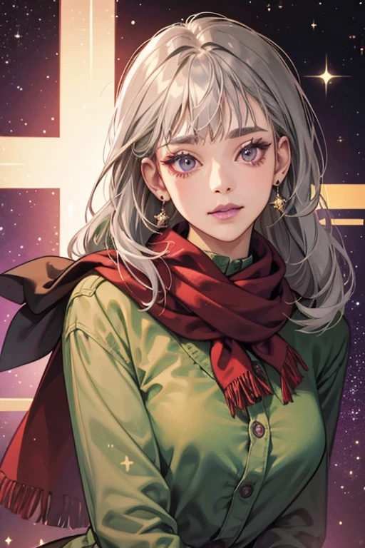 She is a green  with gray hair, purple lips, and crooked teeth. She has a dark red scarf with holes in it and a brown shirt, SPARKLE; GLITTER