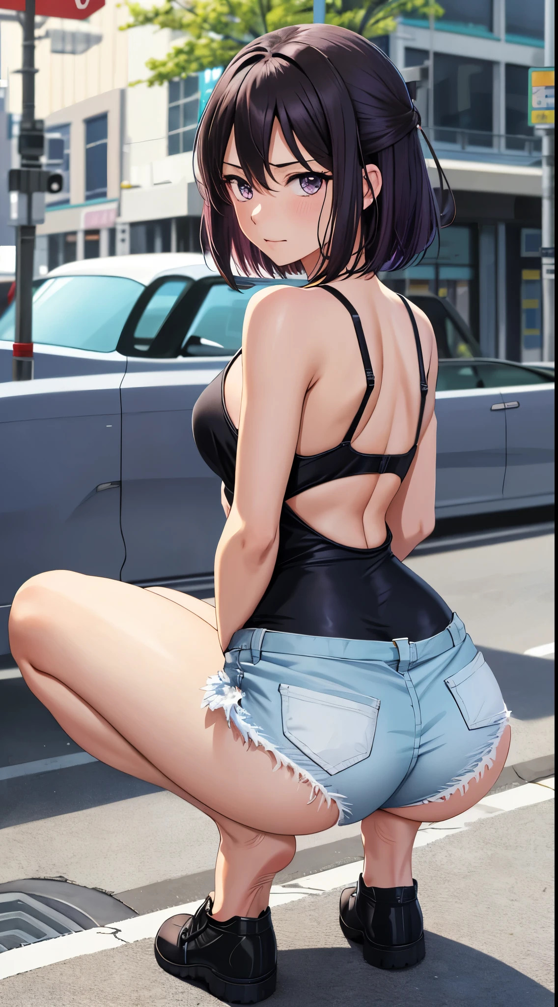 anime screencap, city, 1girl, solo, short hair, black hair, purple eyes, looking at the viewer, hair between eyes, lustful, closed mouth, ass, wide hips, short top, short shorts, unbuttoned shorts, squatting, legs apart, erotica, back