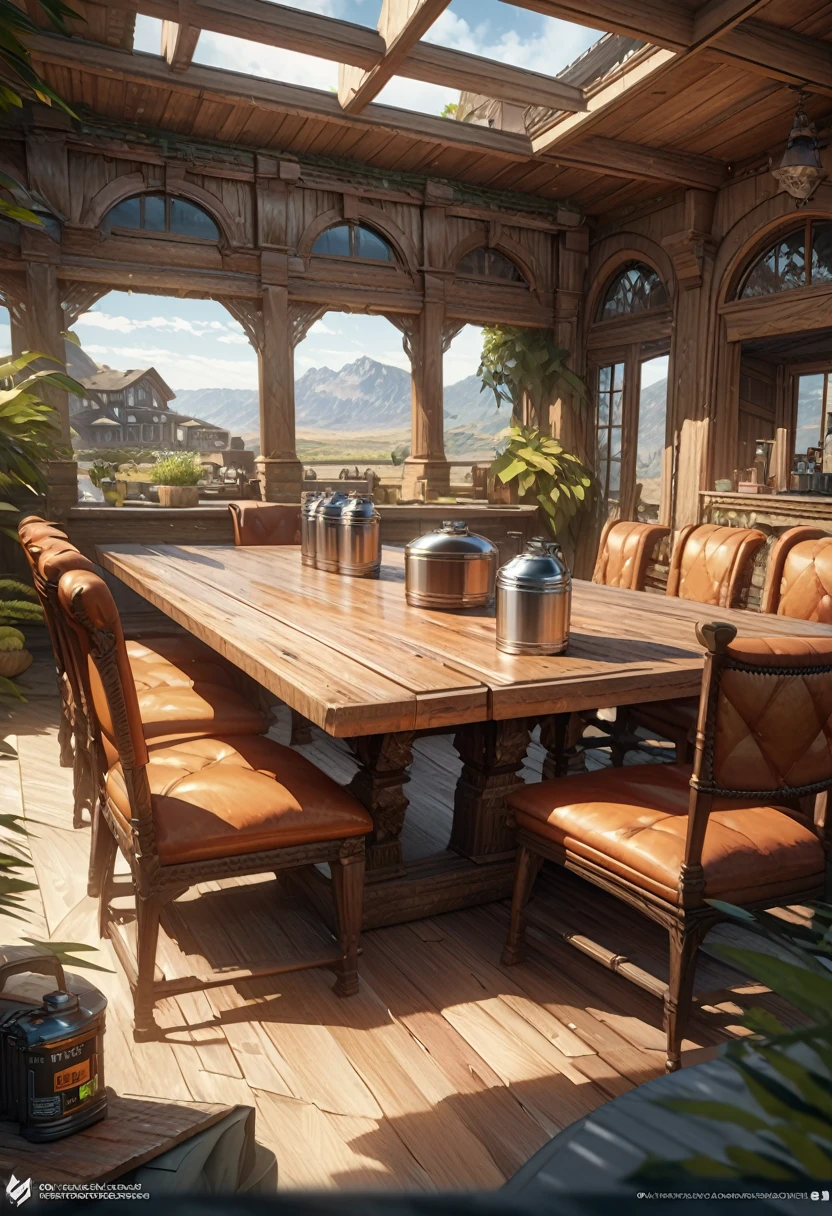 Ultra-Real 8K, Super detailed, ((no man)), (Hyper Detail, Dynamic Camera), (Wide-angle), (Vivid colors and saturation), (Trending on Artstation),anime style, canteen,table,big table,indoor, Western style, Luxury House