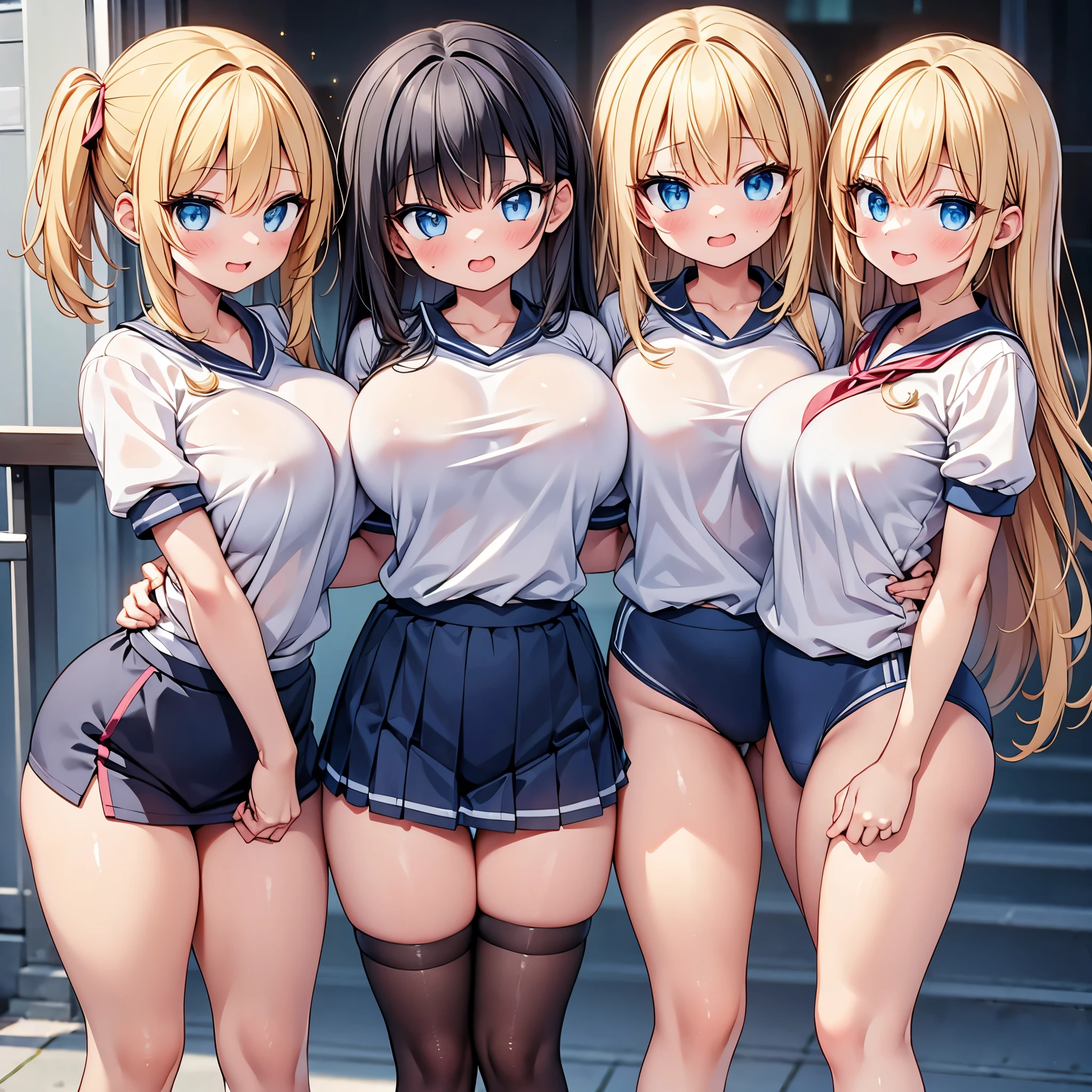 (cute eyes:1.2), (sparkling eyes:1.2), highest quality,wonderful,finely,extremely detailed CG Unity 8K wallpaper, (Stand in line:1.2), (3 girls, cute eyes, gym uniform, clothed), (huge breasts), (open mouth:1.1), (long tongue:1.1), (mouth drool:1.1), (black stockings:1.1),(Thighs:1.1),(Waistline:1.1)