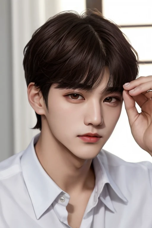 Kim Taehyung, short straight brown hair, Cinta para el pelo, ojos rojos, lazo para el pelo, lunar debajo del ojo, pupilas en forma de corazon, vampiro