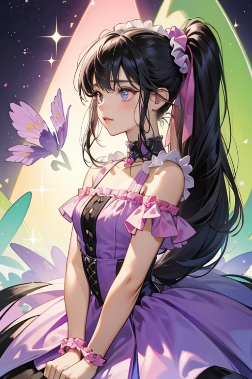  dark pink skin with darker pink. She has black hair that she wears in a side ponytail, which is fastened with a light lime-green scrunchie. Her outfit consists of a blue-violet top with flowers. SPARKLE; GLITTER 