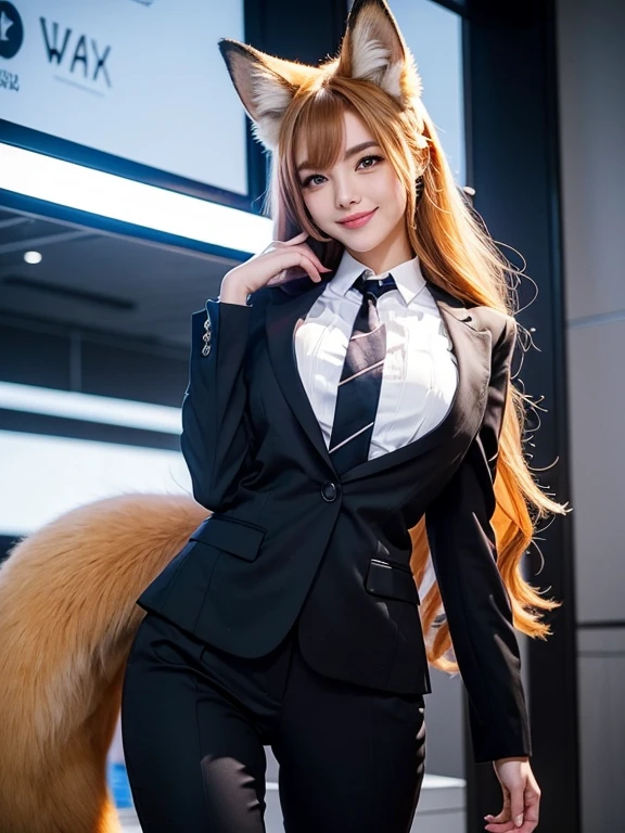 ((Highest quality, 32K)), ((masterpiece)), (Get used to it), Perfect Face, Fox Girl, Beautiful woman, public, There is a tail, She has a fox tail, She wags her fluffy tail, smile, collar, She wears a business suit, Beautiful hip line, A tail sticking out from a business suit, Large Breasts, Big Ass