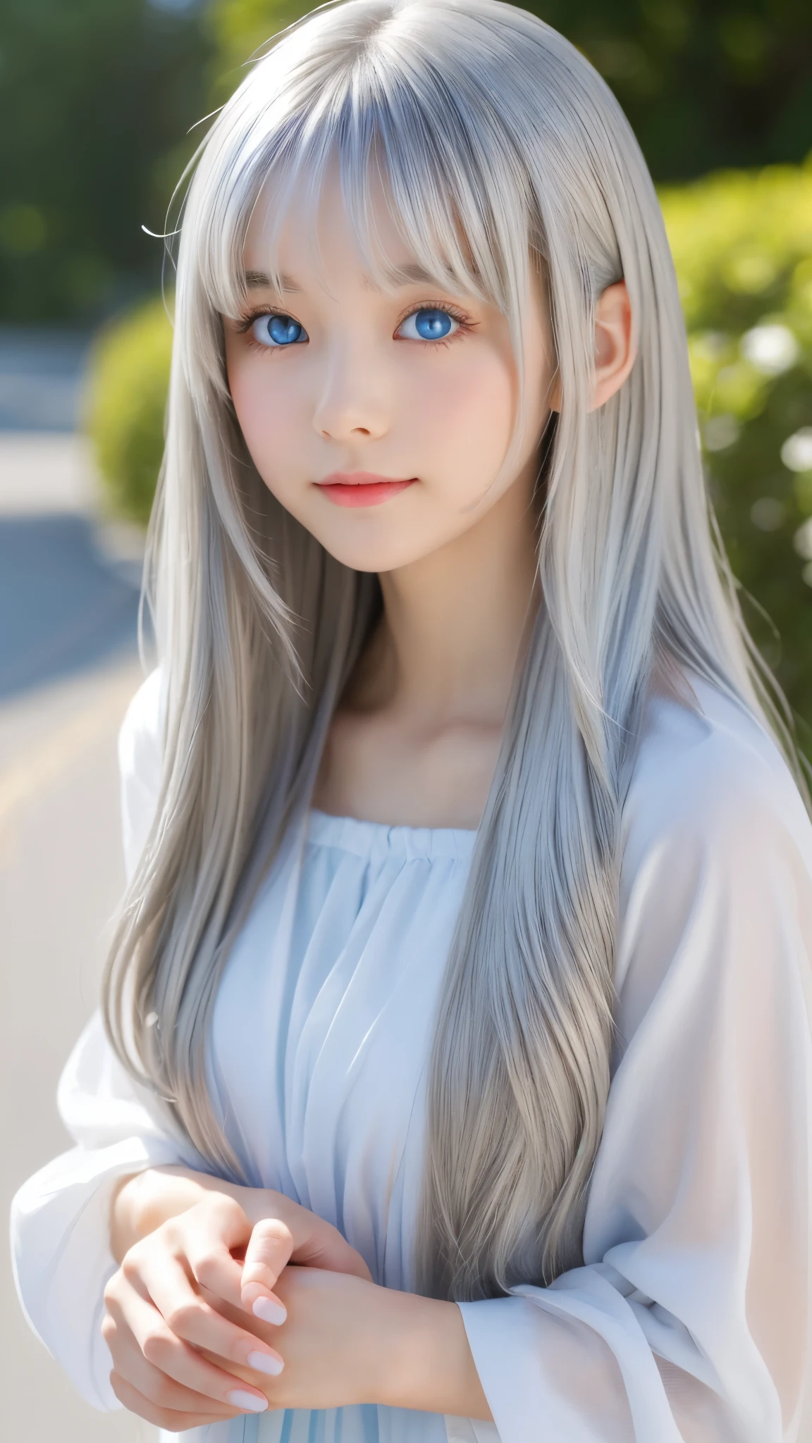 Shining, clear, white skin、Her windblown silver hair hides her beautiful face.、huge、28 years old cute sexy little beautiful face、Beautiful straight hair that stands out、growing up, Sparkling light blue eyes、long silky bangs that cover cute eyes, Sexy and cute young woman with super long hair hiding her sexy face、Shining silver hair