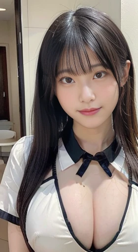 (highest quality,masterpiece:1.3,Ultra-high resolution,),(Very detailed,Caustics),(Realistic:1.4,RAW shooting,)Ultra-Realistic Capture,Very detailed,High resolution 16k human skin closeup。 Natural skin texture、,pores、、、It must be detailed enough to be easily identifiable。 Skin tone is even and healthy looking。 Use natural light and color,restaurant,Waitress Uniform,1 girl,Japanese,18-year-old,cute,Black-haired,ponytail, (Huge breasts:2.0),smile,Turn your body forward,(Front view:1.1),Looking at the camera,Cowboy Shot, aoi ogata, aoshima chiho, yukii morita, chiho, narumi kakinouchi, Yoshitomo Nara, shiori teshirogi, yuuka kazami, junko enoshima, chiho ashima, hiyao miyazaki, round face, Thick eyebrows