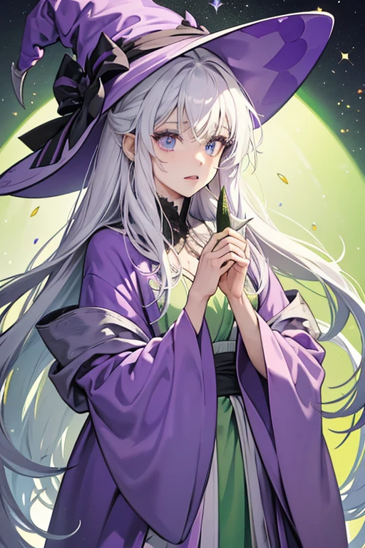 She is a light greenwith long, messy white hair and many broken teeth. She wears a purple robe along with a purple witch hat, with a single black stripe that circles around the tip. She also has light green fins, sharp nails, and a big nose covered in warts. SPARKLE; GLITTER