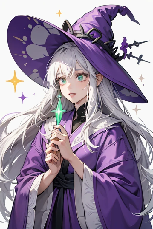 She is a light greenwith long, messy white hair and many broken teeth. She wears a purple robe along with a purple witch hat, with a single black stripe that circles around the tip. She also has light green fins, sharp nails, and a big nose covered in warts. SPARKLE; GLITTER