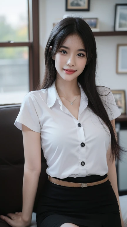 Standing and smiling , stand , (8k, best quality, masterpiece, ultra highres:1.2) Photo of Pretty thai woman beautiful, beautiful enchanting fashion contemporary painting with , (1girl), (white shirt short sleeves), ((black pencil skirt)), belt  , realistic skin texture , round chin, 85 mm art lens, f 1. 2, sharp focus, 8 k high definition, insanely detailed, intricate, elegant, large breasts, big breasts , black skirt