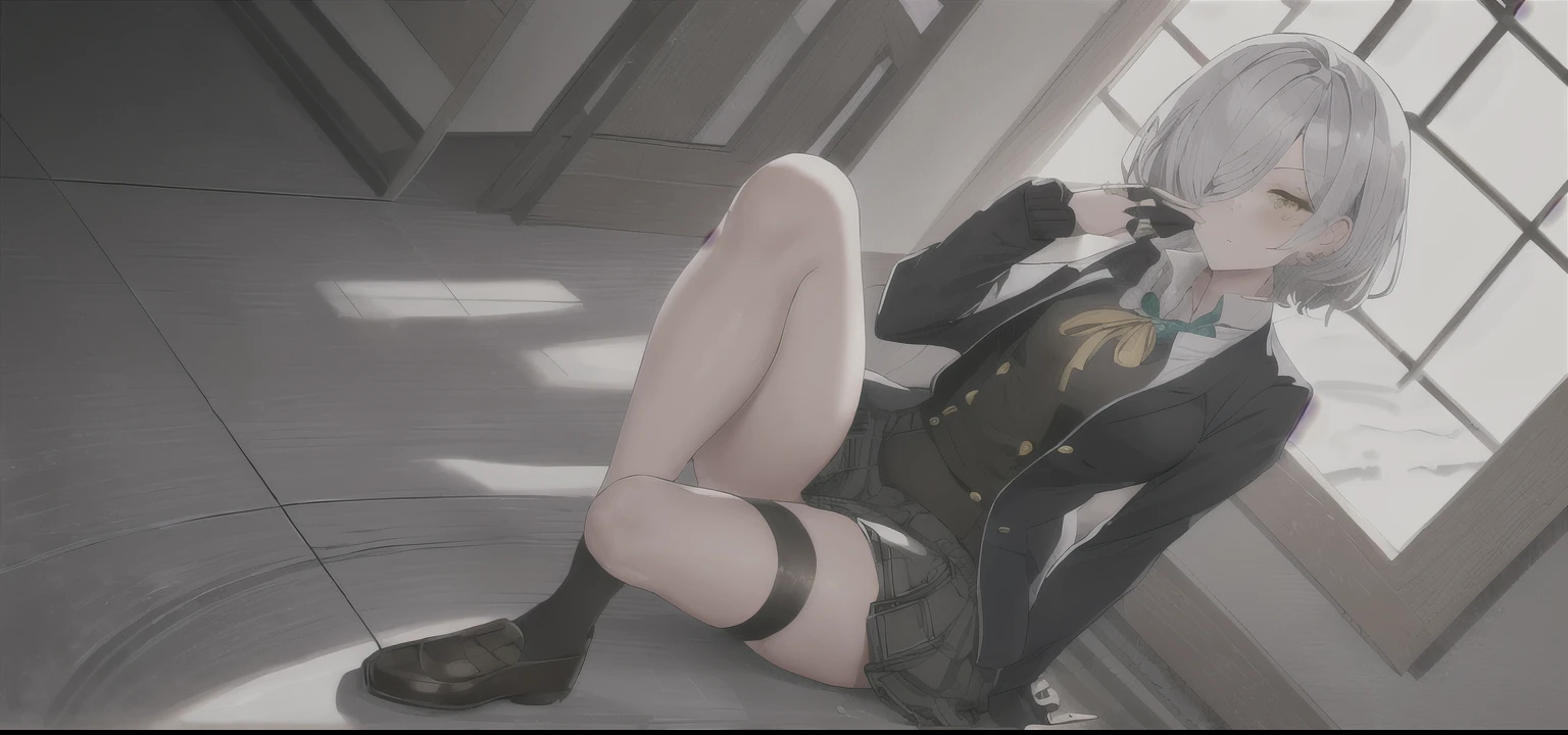 (masterpiece), 1girl, ((silver hair)), large chest, messy hair, short hair, golden yellow eyes, star-based design, cardigan, black long gloves, ((school uniform)), brown shoes, skirt, black leg tights, leg warmers, spiral swirls in eyes, ((ring eyes)), ((left eye hidden)), bangs over left eye, ribbons, frills, lace, corset, ((one eye hidden)), full body