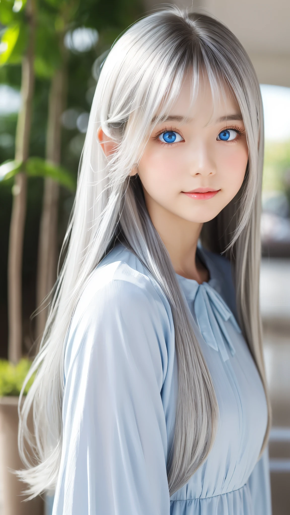 Shining, clear, white skin、Her windblown silver hair hides her beautiful face.、huge、28 years old cute ???? little beautiful face、Beautiful straight hair that stands out、growing up, Sparkling light blue eyes、long silky bangs that cover cute eyes, ???? and cute young woman with super long hair hiding her ???? face、Shining silver hair