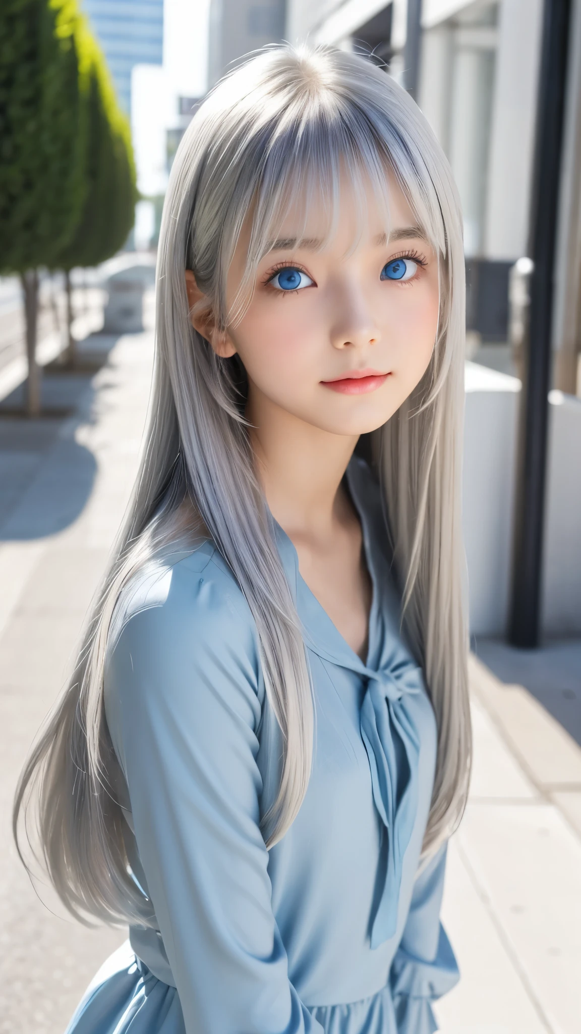 Shining, clear, white skin、Her windblown silver hair hides her beautiful face.、huge、28 years old cute sexy little beautiful face、Beautiful straight hair that stands out、growing up, Sparkling light blue eyes、long silky bangs that cover cute eyes, Sexy and cute young woman with super long hair hiding her sexy face、Shining silver hair