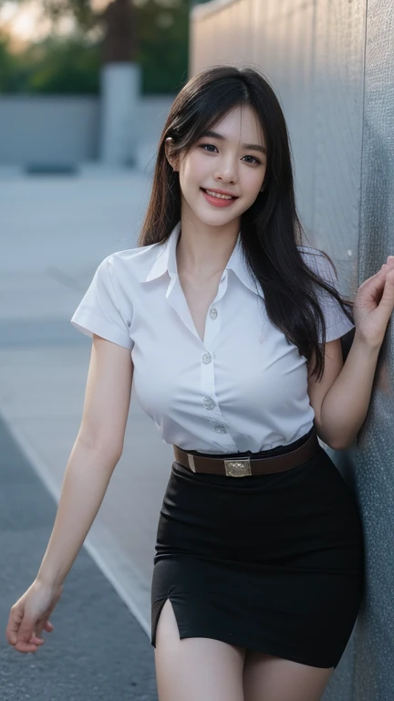 Standing and smiling , stand , (8k, best quality, masterpiece, ultra highres:1.2) Photo of Pretty thai woman beautiful, beautiful enchanting fashion contemporary painting with , (1girl), (white shirt short sleeves), ((black pencil skirt)), belt  , realistic skin texture , round chin, 85 mm art lens, f 1. 2, sharp focus, 8 k high definition, insanely detailed, intricate, elegant, large breasts, big breasts , black skirt