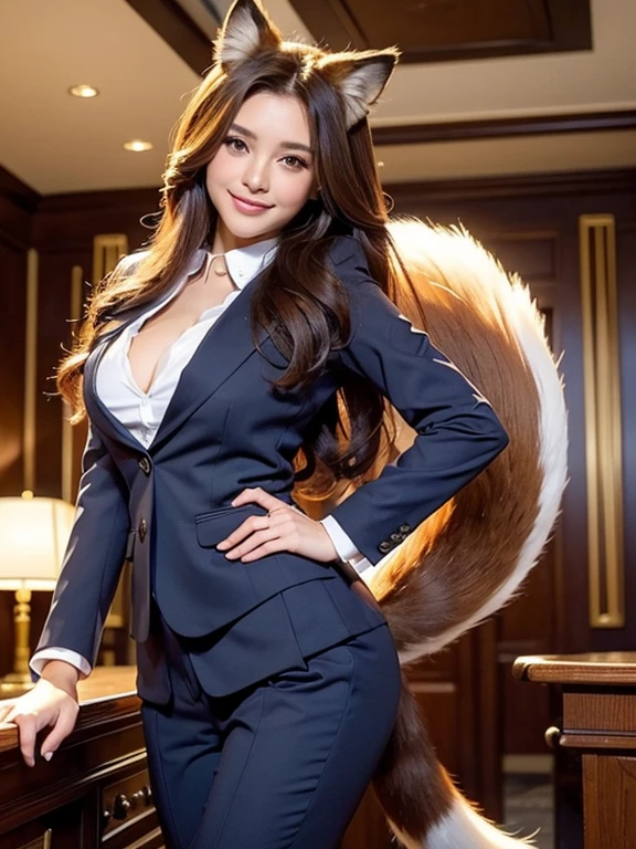 ((highest quality)), ((masterpiece)), (Get used to it), Perfect Face, Fox Girl, Beautiful woman, public, There is a tail, she has a fox tail, She wags her fluffy tail, smile, collar, She wears a business suit, Beautiful Hips, Big tail, His tail is sticking out from his business suit