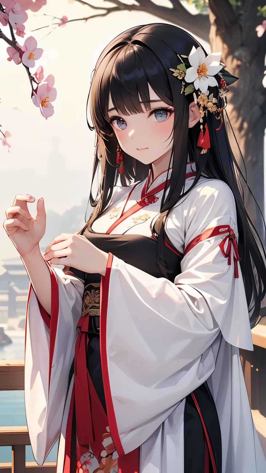 ((Best quality, 8k, Masterpiece: 1.3)), Sharp focus A beautiful woman with perfect body, Slim abdomen, Highly detailed face and skin texture, Detailed eyes, Traditional Chinese costume, hanfu, ancient Chinese princess, black hair, hair ornament studded with small jewels, slender body, hands on chest, With a blossoming plum tree in the background