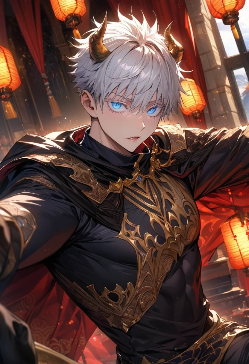 ultra detailed, Highres, absurdres, HDR, masterpiece, extremely detailed face and eyes, perfect face, delicate features, Gojou Satoru, white hair with bangs, expressive blue eyes, white eyelashes, fantasy world, fantasy prince clothes with patterns, demon horns, Jujutsu Kaisen, black cape, black gloves, red shining lanterns, window, red curtains, tight shirt, extremely handsome, sexy man, solo, chandelier, golden patterns,