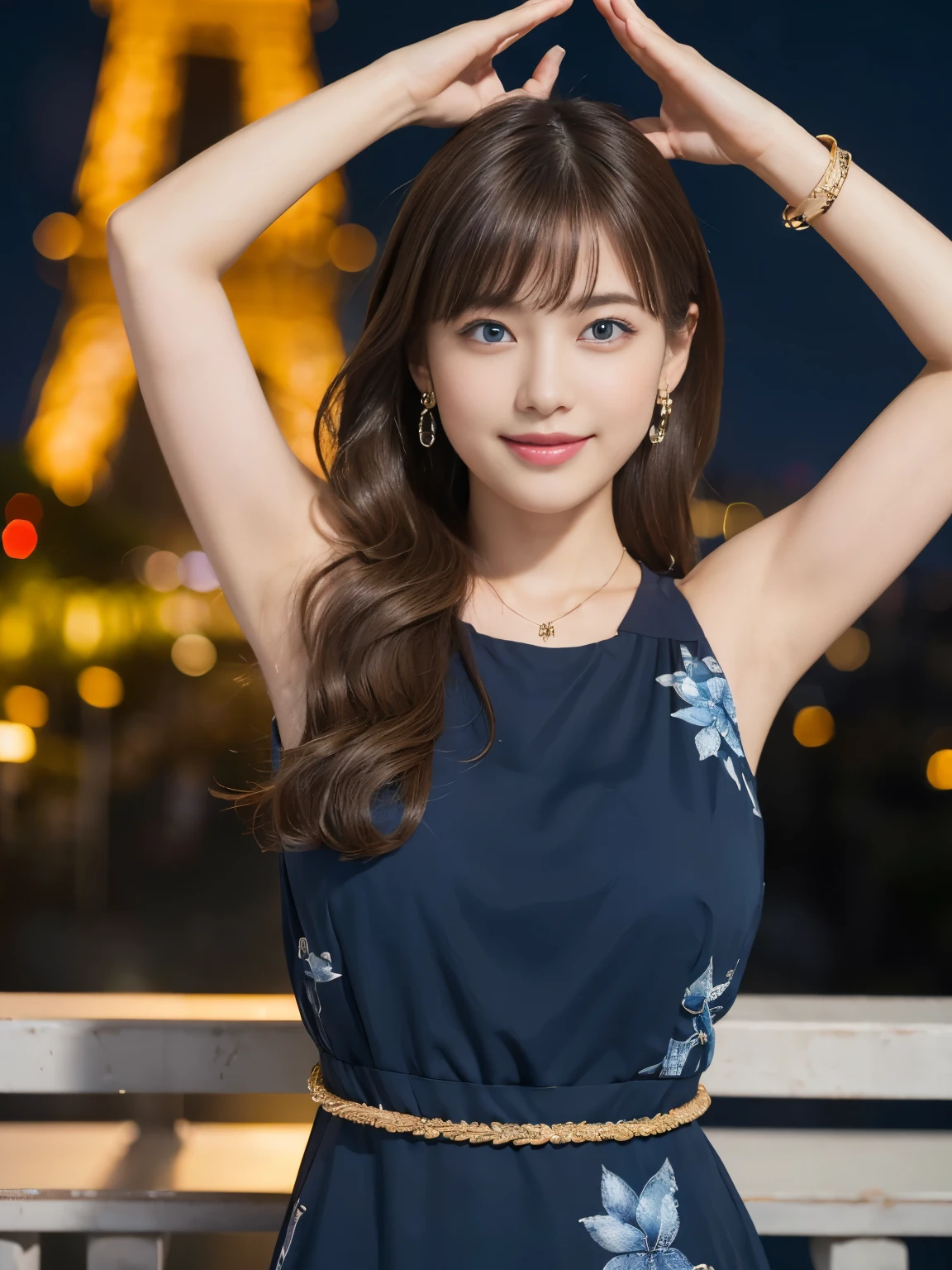 (realistic, photorealistic, best quality, 8k, RAW photo, masterpiece:1.2), insanely detailed, goddess of beauty, beautiful Japanese girl, 20 years old, (slender:1.2), incredibly detailed face, thin eyebrow, natural makeup, (cute), kawaii, (detailed skin), (wavy hair:1.2), (medium hair:1.3), (light brown hair:1.3), necklace, (earrings), (bracelet), (wearing party dress:1.3), (detailed fabric), (detailed eyes), (blue eyes:1.2), (small breasts), (smile:1.1), (teeth), (looking at viewer:1.1), (arms up:1.6), (raise her hands above with her palms together:1.6), (yoga:1.4) BREAK (overlooing Eiffel Tower illuminated:1.1), (night:1.2), moonlight, bkeh, depth of field, dimly lightning, (darkness:1.4),