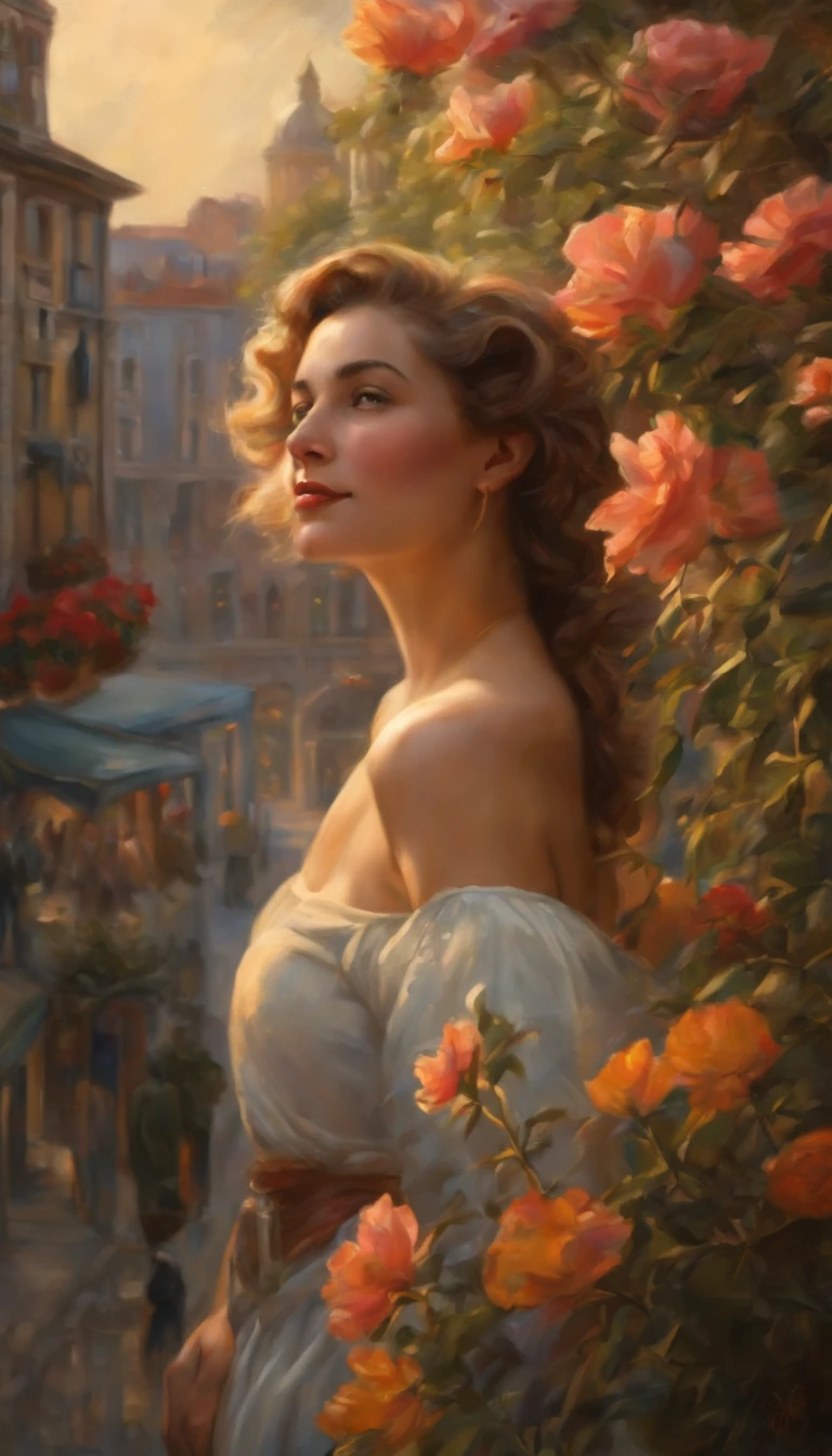 A breathtaking photorealistic oil painting by Greg Rutkowski, inspired by Alphonse Mucha and the Studio Ghibli aesthetic, capturing a beautiful British woman [Elizabeth Taylor:Maude Adams:0.4] with short, curly ginger hair. Detailed face, She stands at the top of a hill, gazing at the picturesque ((Cornwall city ))below. The warm sunset colors create a stunning contrast with the cool blues of the city, as a seagull soars in the sky. A mesmerizing butterfly hovers near vibrant flowers in the foreground, while a rainbow arches across the heavens. The overall atmosphere of the painting is cinematic and evocative, with the composition inviting viewers to immerse themselves in this enchanting scene., cinematic, painting