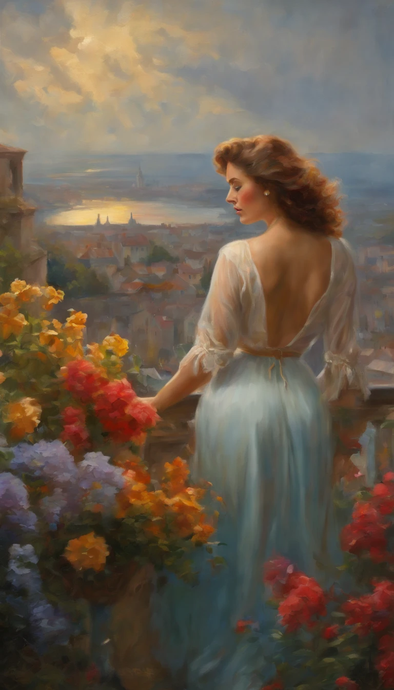 A breathtaking photorealistic oil painting by Greg Rutkowski, inspired by Alphonse Mucha and the Studio Ghibli aesthetic, capturing a beautiful British woman [Elizabeth Taylor:Maude Adams:0.4] with short, curly ginger hair. Detailed face, She stands at the top of a hill, gazing at the picturesque ((Cornwall city ))below. The warm sunset colors create a stunning contrast with the cool blues of the city, as a seagull soars in the sky. A mesmerizing butterfly hovers near vibrant flowers in the foreground, while a rainbow arches across the heavens. The overall atmosphere of the painting is cinematic and evocative, with the composition inviting viewers to immerse themselves in this enchanting scene., cinematic, painting