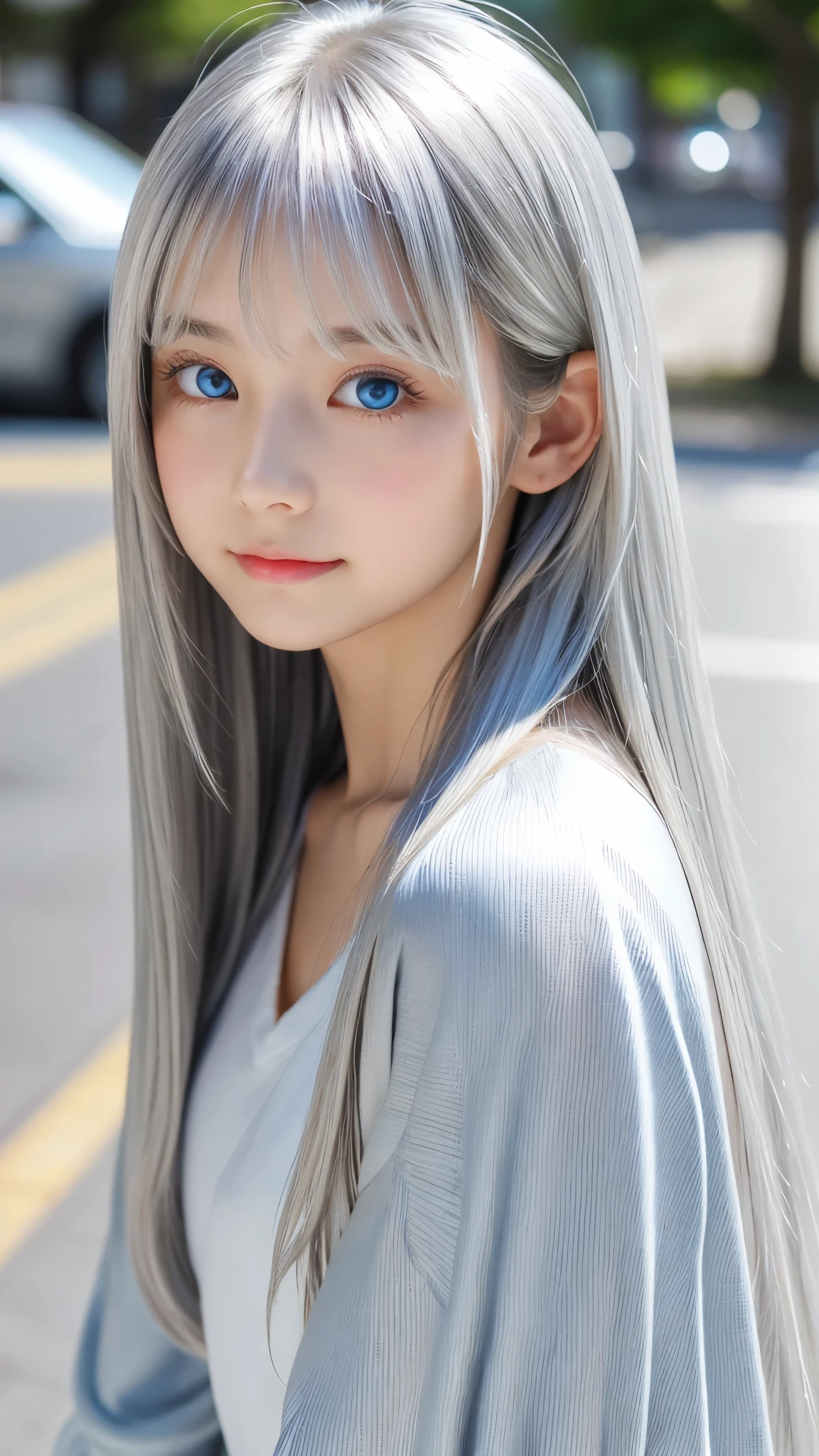 Shining, clear, white skin、Her windblown silver hair hides her beautiful face.、huge、28 years old cute sexy little beautiful face、Beautiful straight hair that stands out、growing up, Sparkling light blue eyes、long silky bangs that cover cute eyes, Sexy and cute young woman with super long hair hiding her sexy face、Shining silver hair