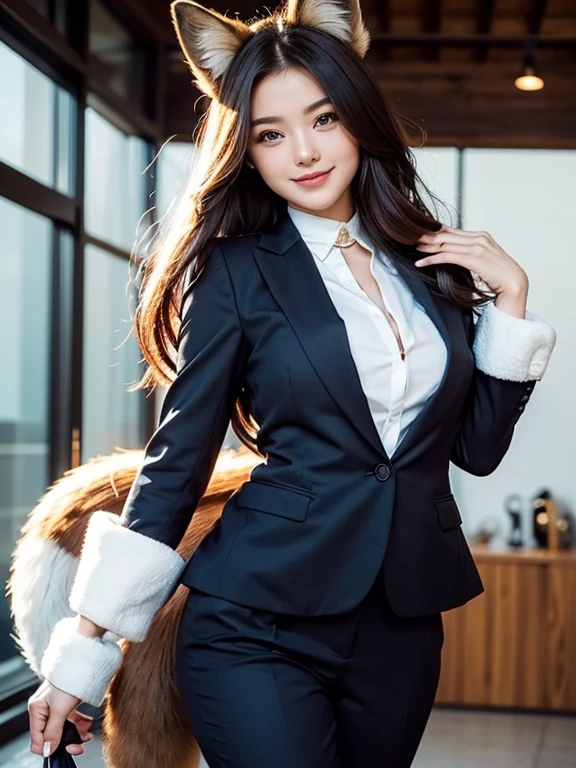 ((highest quality)), ((masterpiece)), (Get used to it), Perfect Face, Fox Girl, Beautiful woman, public, There is a tail, she has a fox tail, She wags her fluffy tail, smile, collar, She wears a business suit, Beautiful hip line, His tail is sticking out from his business suit