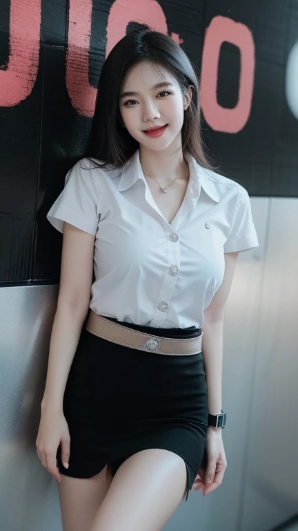 Standing and smiling , stand , (8k, best quality, masterpiece, ultra highres:1.2) Photo of Pretty thai woman beautiful, beautiful enchanting fashion contemporary painting with , (1girl), (white shirt short sleeves), ((black pencil skirt)), belt , realistic skin texture , round chin, 85 mm art lens, f 1. 2, sharp focus, 8 k high definition, insanely detailed, intricate, elegant, large breasts, big breasts , black skirt