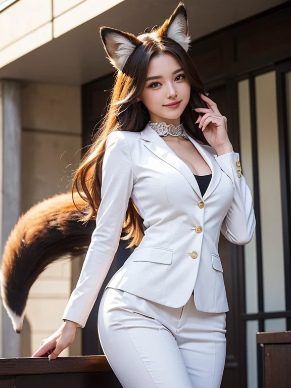 ((highest quality)), ((masterpiece)), (Get used to it), Perfect Face, Fox Girl, Beautiful woman, public, There is a tail, she has a fox tail, She wags her fluffy tail, smile, collar, She wears a business suit, Beautiful hip line, His tail is sticking out from his business suit