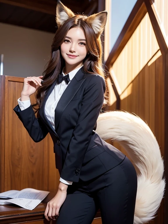 ((highest quality)), ((masterpiece)), (Get used to it), Perfect Face, Fox Girl, Beautiful woman, public, There is a tail, she has a fox tail, She wags her fluffy tail, smile, collar, She wears a business suit, Beautiful hip line, His tail is sticking out from his business suit